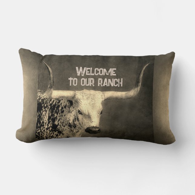 Texas Longhorn cow sepia distressed add your text  Lumbar Pillow (Front)