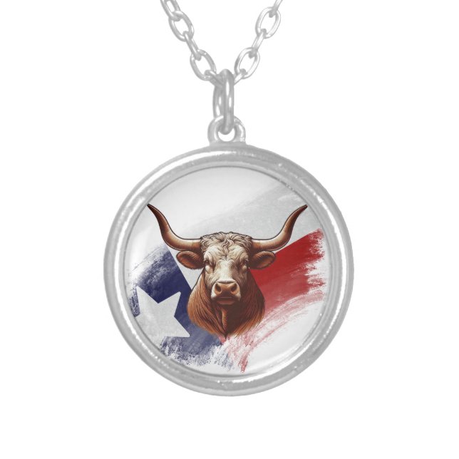 Texas longhorn cow silver plated necklace (Front)