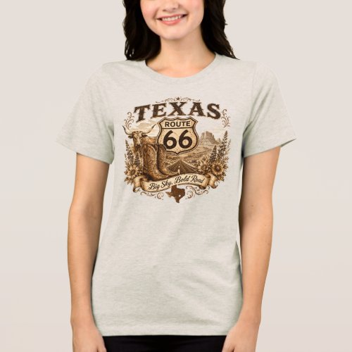 Texas Longhorn Cowboy Boots Route 66 Retro Sepia Tri-Blend Shirt