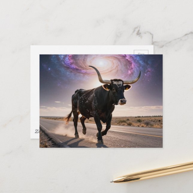 Texas Longhorn on the Highway Postcard (Front/Back In Situ)