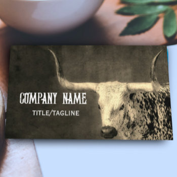 Texas Longhorn Rustic Country Sepia Custom  Business Card by annpowellart at Zazzle