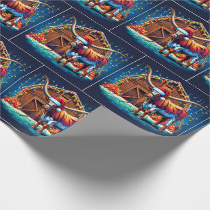 Texas Longhorn Standing By Christmas Barn Wrapping Paper