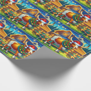 Texas Longhorn Standing By Christmas Barn Wrapping Paper