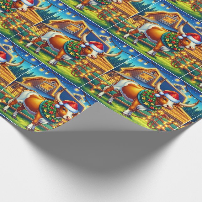 Texas Longhorn Standing By Christmas Barn Wrapping Paper (Corner)