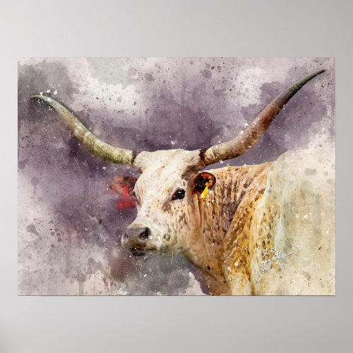 Texas Longhorn Watercolor Fine Art Photography Poster