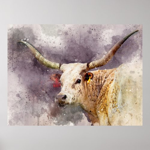 Texas Longhorn Watercolor Photo Fine Art Abstract Poster