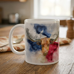 Texas Longhorn Watercolor with Flag Map Art Coffee Mug