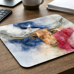 Texas Longhorn Watercolor with Flag Map Art Mouse Pad