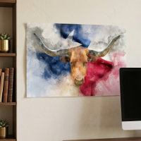 Texas Longhorn Watercolor with Flag Map Art