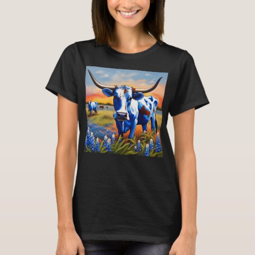 Texas Longhorn with bluebonnets T_Shirt