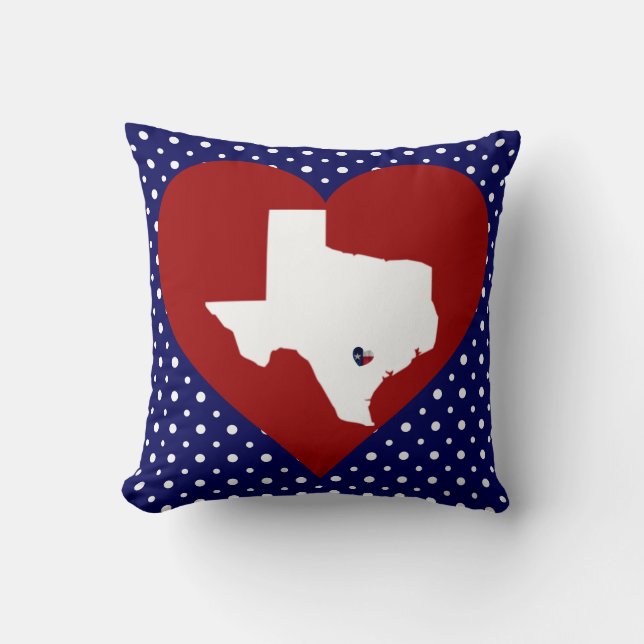 Texas Love, Navy w Dots, Red Heart, Texas Map Throw Pillow (Front)