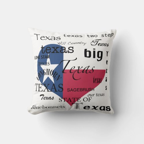 Texas Love_Word_cloudTexas Heart Shaped Flag Throw Pillow