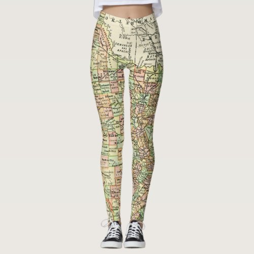 Texas Map Antique Travel State  Cities Leggings