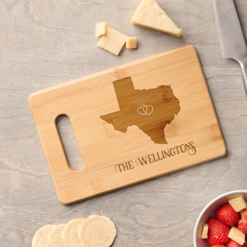 Texas Map Choice of Hearts Stars Family Name Cutting Board