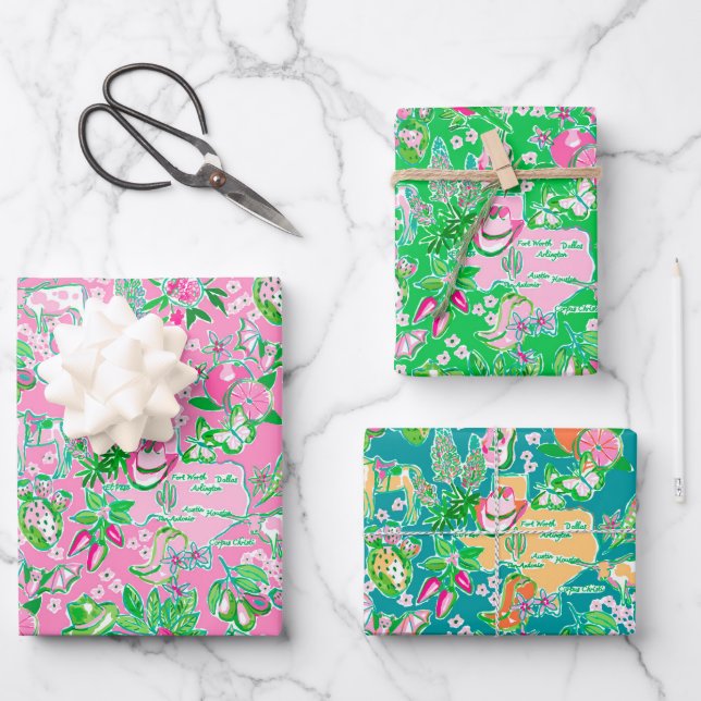 Texas Map Colorful Preppy Pattern Wrapping Paper Sheets (Front)