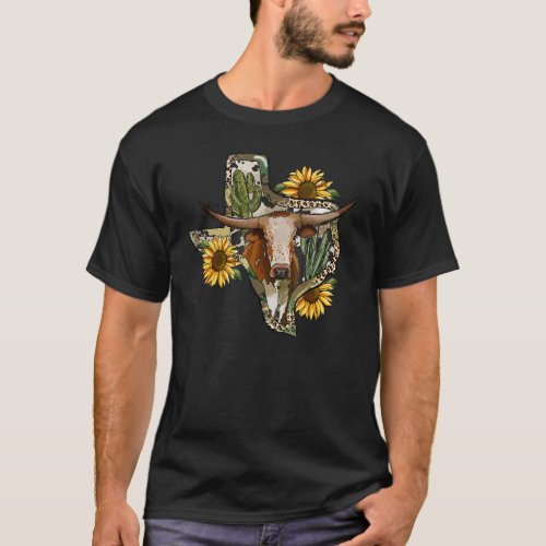 Texas Map Leopard Sunflower Western Texas Cow Long T_Shirt
