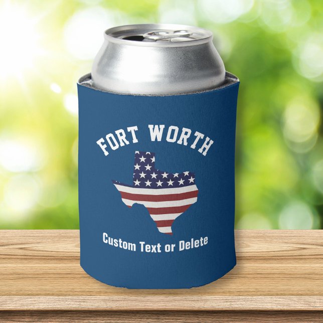 Texas Map | Patriotic USA Flag | Your City or Text Can Cooler (Creator Uploaded)