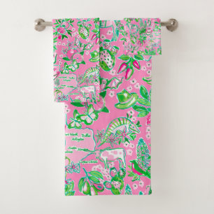 Texas Map Pink & Green Preppy Pattern Bath Towel Set