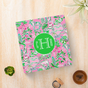 Texas Map Pink & Green Preppy Pattern Monogrammed 3 Ring Binder