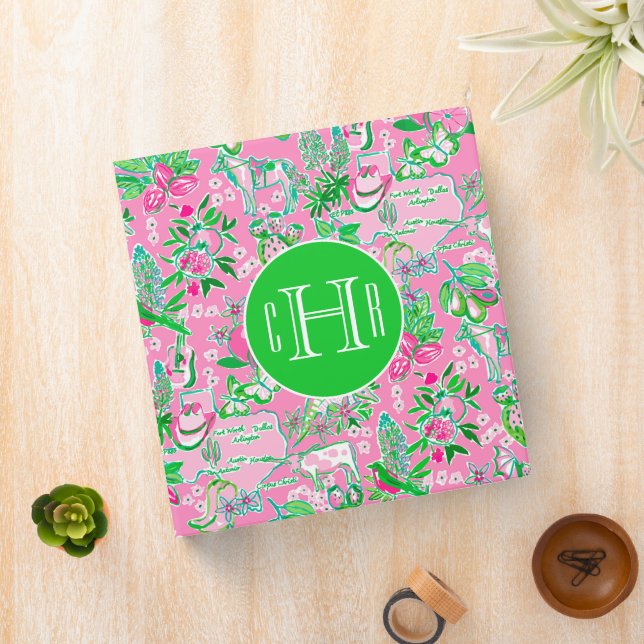 Texas Map Pink & Green Preppy Pattern Monogrammed 3 Ring Binder (In Situ)