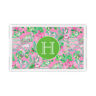 Texas Map Pink & Green Preppy Pattern Monogrammed Acrylic Tray