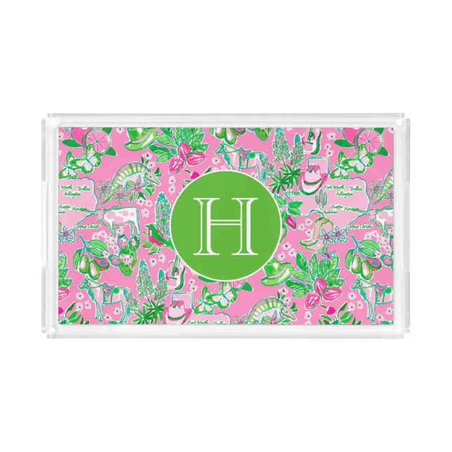 Texas Map Pink & Green Preppy Pattern Monogrammed Acrylic Tray (Front)