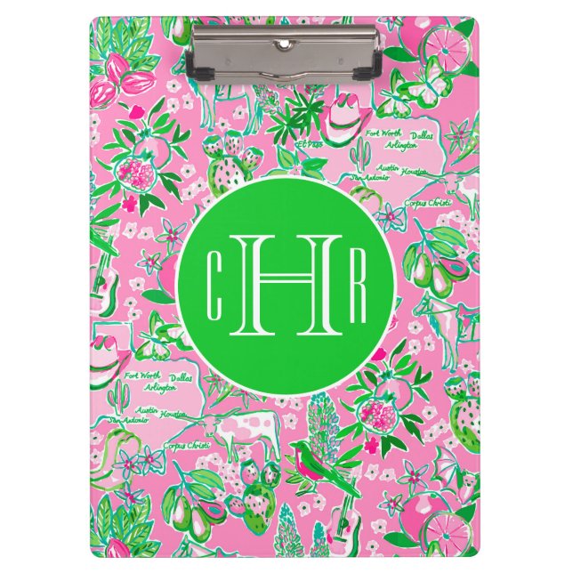 Texas Map Pink & Green Preppy Pattern Monogrammed Clipboard (Front)