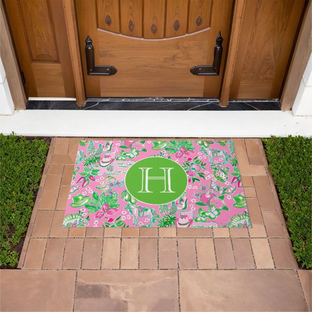 Texas Map Pink & Green Preppy Pattern Monogrammed Doormat (Outdoor)