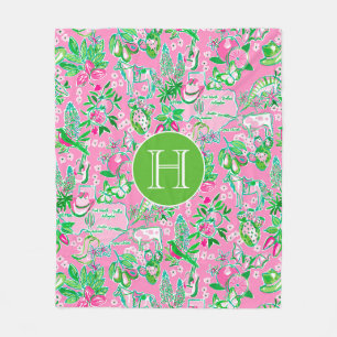 Texas Map Pink & Green Preppy Pattern Monogrammed Fleece Blanket