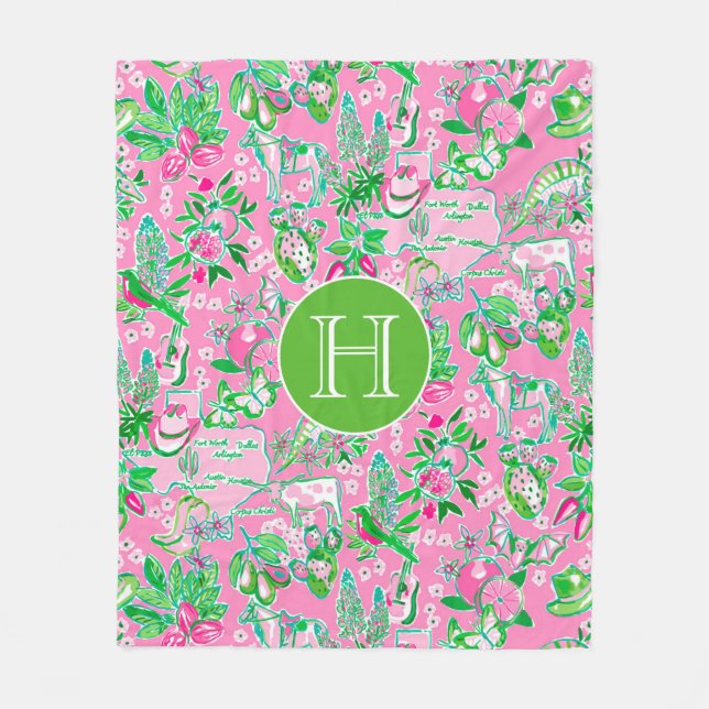 Texas Map Pink & Green Preppy Pattern Monogrammed Fleece Blanket (Front)
