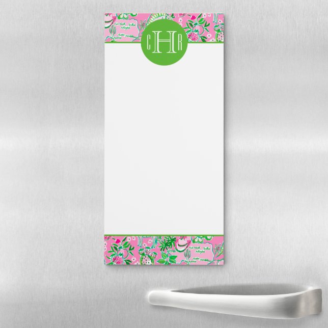 Texas Map Pink & Green Preppy Pattern Monogrammed Magnetic Notepad (In Situ)
