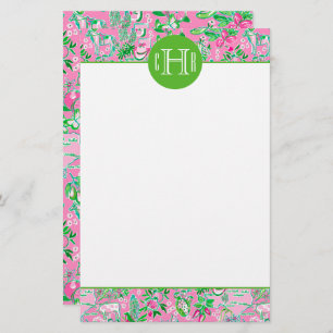 Texas Map Pink & Green Preppy Pattern Monogrammed Stationery