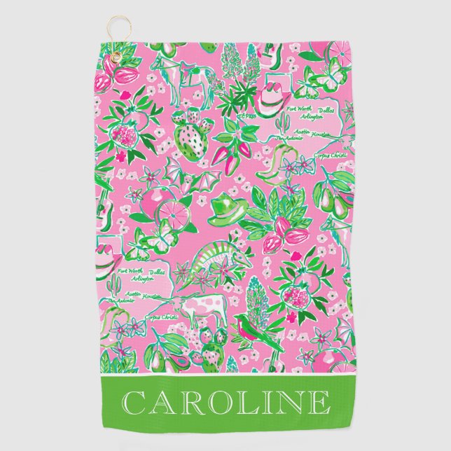 Texas Map Pink & Green Preppy Pattern Personalized Golf Towel (Front)