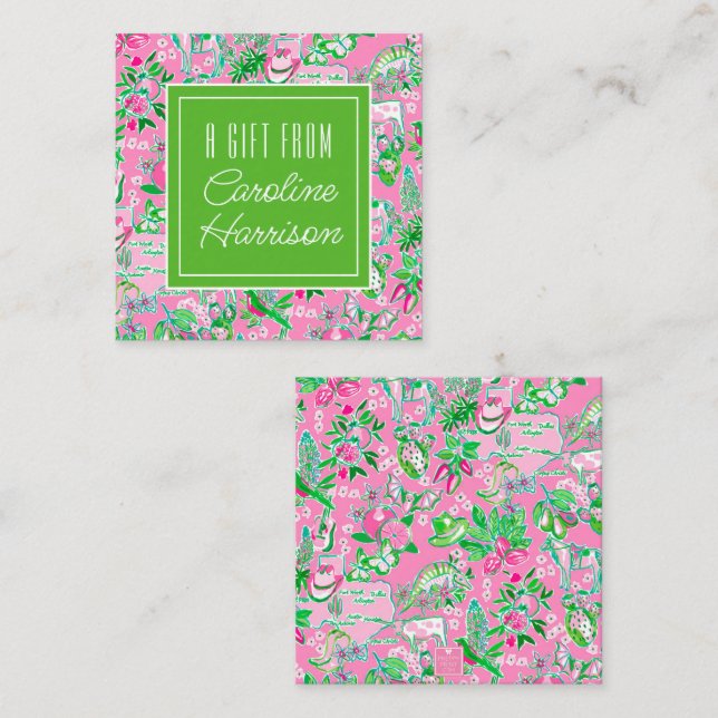 Texas Map Pink & Green Preppy Pattern Personalized Note Card (Front/Back)