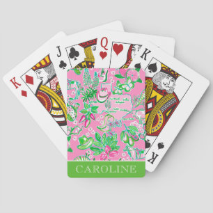 Texas Map Pink & Green Preppy Pattern Personalized Poker Cards