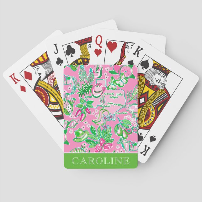 Texas Map Pink & Green Preppy Pattern Personalized Poker Cards (Back)