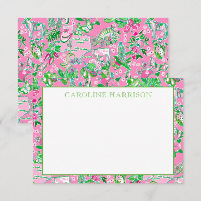 Texas Map Pink & Green Preppy Pattern Personalized Thank You Card (Front/Back)