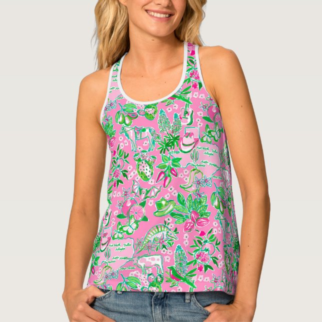 Texas Map Pink & Green Preppy Pattern Tank Top (Front)