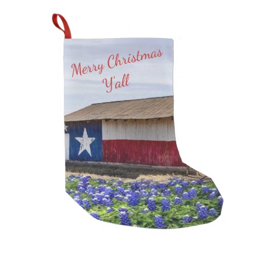 Texas Merry Christmas Yall Barn And Bluebonnets Small Christmas Stocking