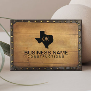 Texas Monogram Logo Vintage Leather & Wood Business Card by cardfactory at Zazzle
