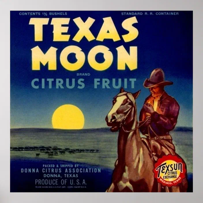 ORIGINAL TEXAS MOON CITRUS CRATE LABEL 1940 COWBOY HORSE WESTERN ROUND UP 