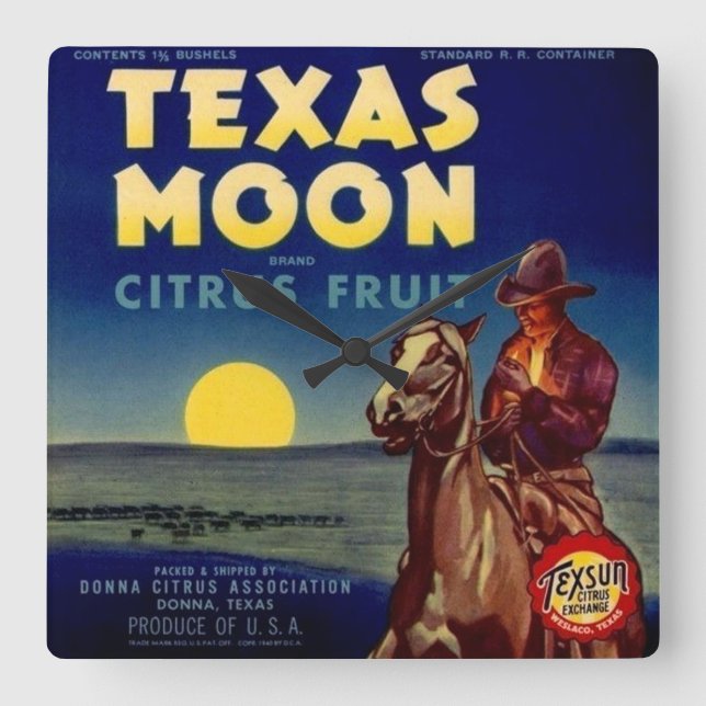 Texas Moon Citrus Fruit Crate Label Square Wall Clock (Front)