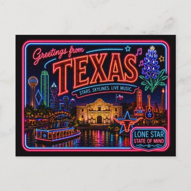 Texas Neon State Retro Vintage Postcard (Front)