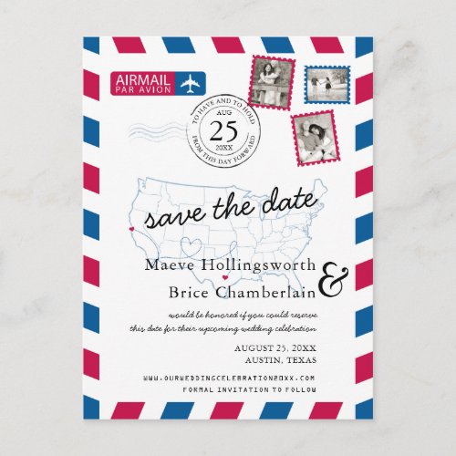 Texas Northern California Airmail Save the Date Announcement Postcard