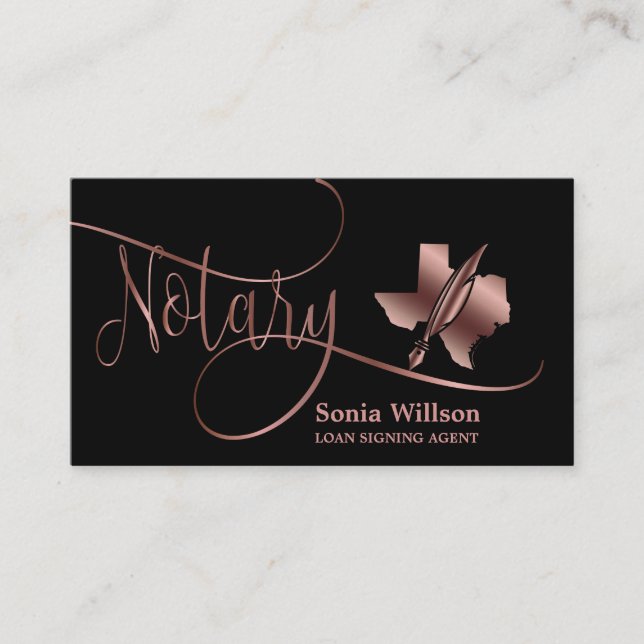 Texas Notary Loan Signing Agent Modern Rose Gold B Business Card (Front)