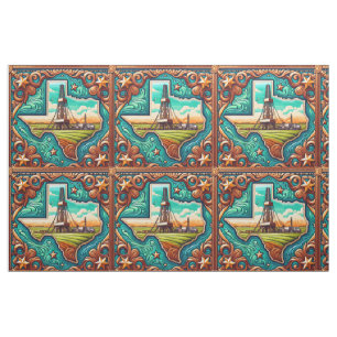 Texas Oil Gas Derrick Leather Print Border Fabric