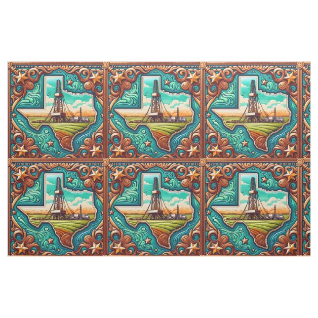 Texas Oil Gas Derrick Leather Print Border Fabric (Fat Quarter)