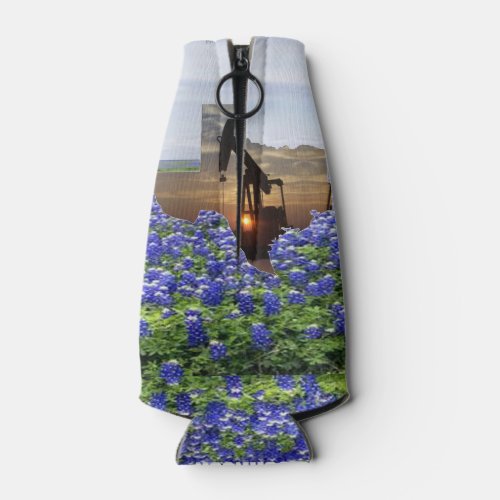 Texas Oil Pump Jack At Sunset On Bluebonnets Bottle Cooler