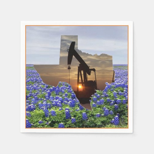 Texas Oil Pump Jack At Sunset On Bluebonnets  Napk Paper Napkins