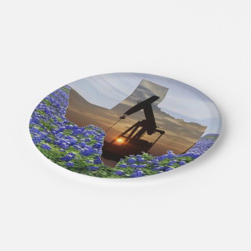 Texas Oil Pump Jack At Sunset On Bluebonnets Paper Plates